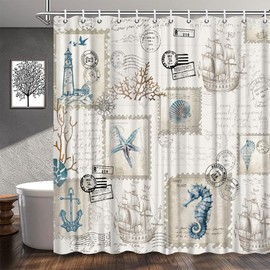 Nautical Coastal Shower Curtain Vintage Sailboat Compass Lighthouse Anchor Ocean Beach Seahorse Seashell Starfish Coral Bathroom Decor Polyester Fabric Curtains with Hook 70Wx70H Inches