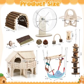VercanMonth 11 Pcs Hamster Cage Accessories Guinea Pig Toys Set, 9.5 Inch Silent Gerbil Wheel Wooden Hideout Chew Toys Bridges Tunnels for Dwarf Hamster Mouse