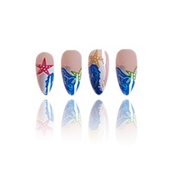 Medium Press on Nails Almond Fake Nails Blue French Tip False Nails Cute Acrylic Nails with Starfish Waves Designs Summer Glue on Nails Full Cover Glossy Stick on Nails for Women Manicure Decorations