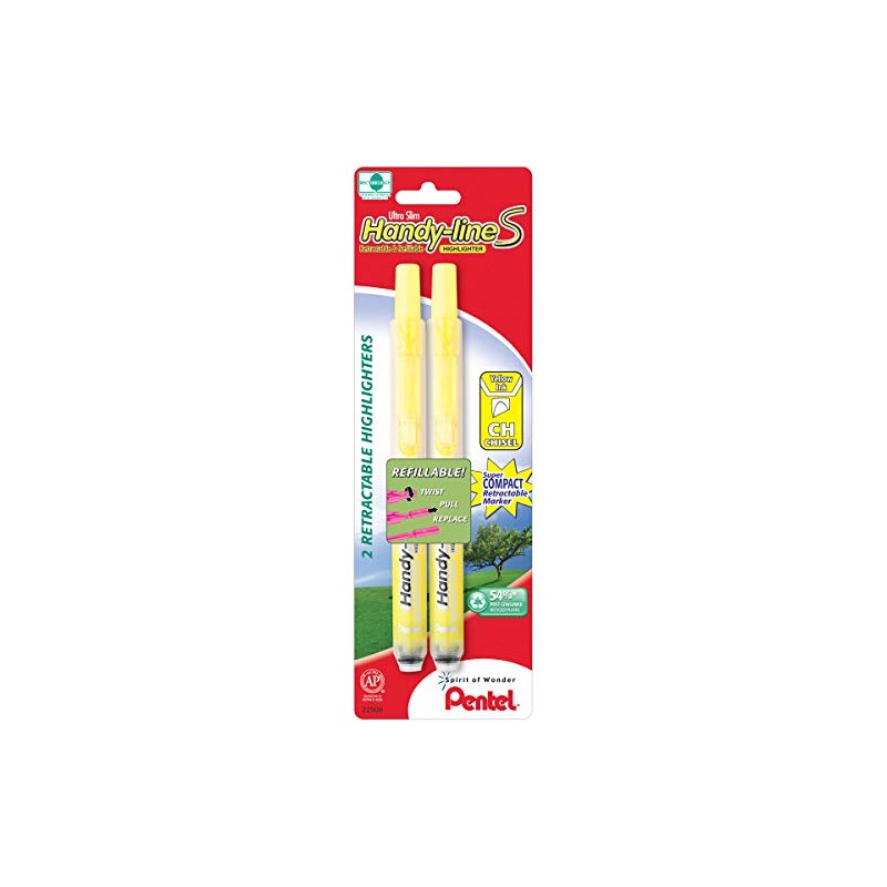 Pentel Handy-line S Retractable Highlighter, Chisel Tip, Yellow Ink, 2/