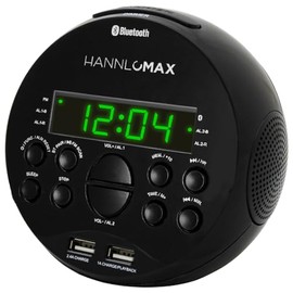 HANNLOMAX HX-129CR Alarm Clock Radio. PLL FM Radio, 0.6" Green LED Display, Bluetooth, USB Ports for 2.4A & 1A charging/MP3 Playback (Black)