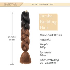 Gairyan Jumbo Braids, Extensions, Synthetic Hair for Braiding, 1 Piece, 100 g, Braiding Hair Extensions, 60 cm, Ombre, Synthetic Braids, Afro Hair for Box Braids/Crochet Braids, Black & Dark Brown
