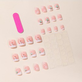 Christmas Press on Nails Short French Tips Fake Nails Cute Christmas Glue on Nails with Santa Xmas Tree Design Square Acrylic Nails Nude Pink Full Cover False Nails for Women DIY Christmas Nails 24Pcs