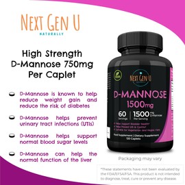 D-Mannose 1500 mg Health Food Supplement 120 Vegan Caplets, Helps Support a Healthy Urinary Tract & Bladder