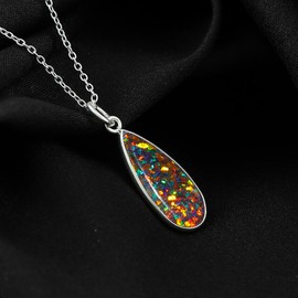 GEMKORA Black Opal Crystal Pendant Necklace, Fire Play Gemstone, Birthstone Crystal, Healing Stone, Gift for Women Mom Her, Statement Jewellery, 925 Sterling Silver 18 inch