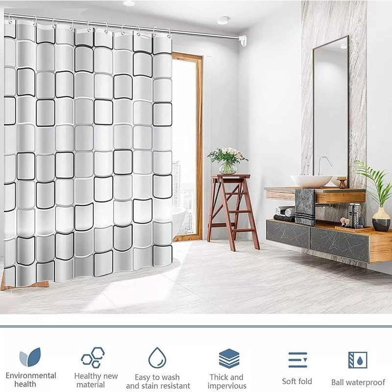 MARZSEFLO Cortina Baño Lavable Tela Impermeable Con Diseño+12 Ganchos
