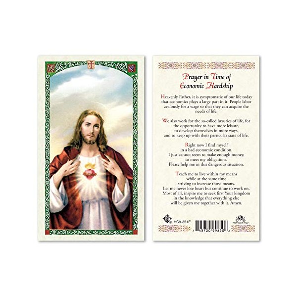 Prayer in Time of Economic Hardship. Sacred Heart Of Jesus.Laminated 2-Sided Holy Card (3 Cards per Order)