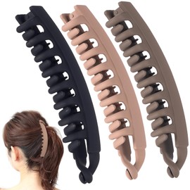 VARMDUKKE 3PCS Banana Hair Clips, Frosted Large Strong Hair Claw Clip with Double Combs, Classic Non-slip Hair Accessories for Women Straight Curly Long Hair - Black, Coffee, Light Coffee