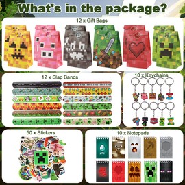 HYZMSZA Miner Video Game Party Bag Set with Video Game Gift Bags Notebook Key Ring Bracelet Sticker Miner Children's Birthday Party Bag Decoration