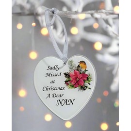 Glass Heart Hanging Ornament with Robin and Poinsettia, 10 x 10 cm, ''Sadly missed at Christmas a dear Nan' Memorial Message