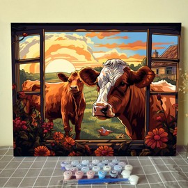 Tucocoo Framhouse Animals Paint by Bumbers for Adults Pig Cow Sheep DIY Paint by Numbers Acrylic Paint Canvas Kitchen Decor Window Landscape Painting Kits Harvest Autumn Art 16x20 Inch （DIY Frame ）