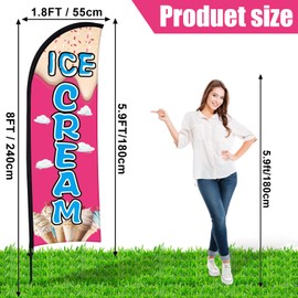 Buryeah 2 Sets Ice Cream Feather Flag Kit 8ft Ice Cream Swooper Flag Advertising Feather Banner with Pole Kit and Ground Stake Portable Bag Advertising Sign for Business Outside(Pink)