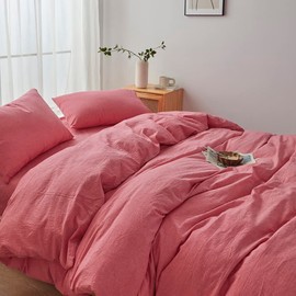 Face Two Face Bedding Duvet Cover Set100% Washed Cotton Duvet Cover Linen Like Textured Breathable Durable Soft Comfy (King, Red)