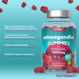 Ashwagandha Gummies | 1200mg | 60 Count | with 5% Withanolides | Natural Raspberry Flavour | by Horbaach