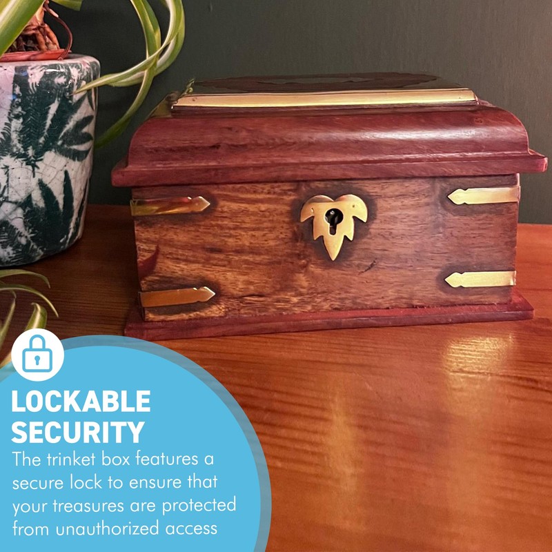 Thorness Wooden lockable Trinket Box with brass inlay, decorative detailing,
