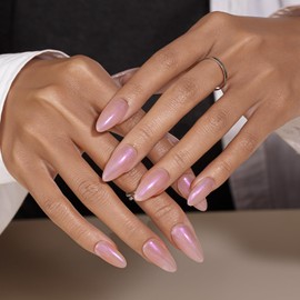 KQueenest Chrome Pink Press On Nails Medium Almond, Sparkly Glitter Fake Nails With Glue, Glazed Bling Chrome Nails Press ons, Mirror Effect, Reusable Glue on Nails for Women Daily Wedding in 24 Pcs