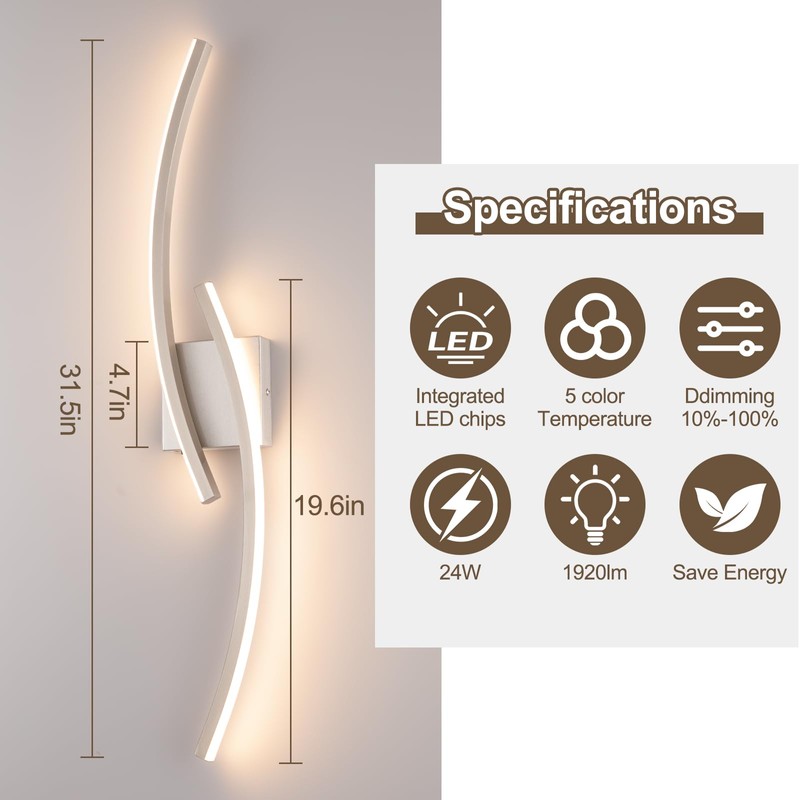 Sovinzert Hardwired 3000~6000K Modern Wall Sconce, 31.5IN Silver LED Wall