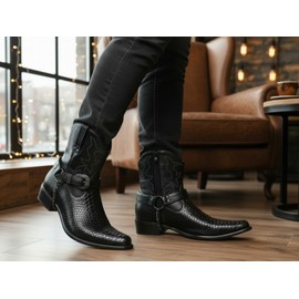 Metrocharm Diego-01 Men's Belt Buckle Chain Strap Western Cowboy Boots (10, Black)