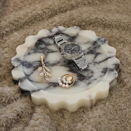 Natural Small Calacatta Viola Marble Tray 6.3", Round Scalloped Tray for Nightstand Dresser, Jewelry Tray for Women's Gift