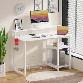 GreenForest 47 inch Computer Desk with Power Outlets, Small Home Office Desk with Ergonomic Monitor Stand, Reversible Gaming Desk, Modern Study Desk, Laptop Desk, Pure White