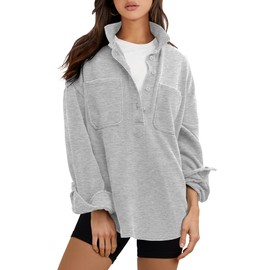 ANRABESS Sweatshirt for Women Oversized Casual Long Sleeve Side Slit Button Lapel Polo Pullover Tunic Tops 2025 Fall Outfits Grey Medium