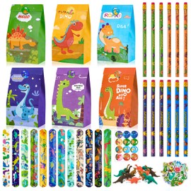 HGRGHH Pack of 100 Dinosaur Party Bags Children's Birthday Party Bags with Snap Bracelet, Pencils, Dinosaur Eraser, Dino Stickers, Give Aways Children's Birthday Boys for Dino Children's Birthday