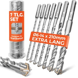 BAUBECK SDS Plus Drill Bit Set for Concrete [7-Piece - Diameter 6-14 & 210 mm Long] 4 Cutting Edges - Durable Concrete Drill Bit Made of 40CR Steel for Precise Results - Drill Set Concrete Hammer