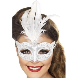 Smiffys Venetian Glitter Eyemask, Silver with Feathers, Eyemasks Fancy Dress, Cosmetic Dress Up Eye masks
