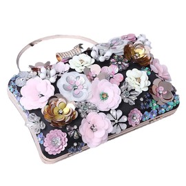 Handmade Flower Evening Bag Women Fashion Luxury Party Handbags Wedding Bag Floral Bag Purses and Handbags Clutch bag, Black, S