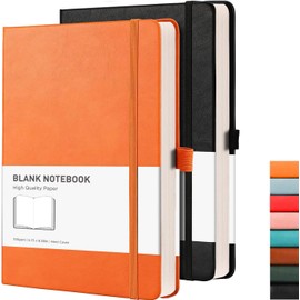 RETTACY Blank Notebook A5 Plain Notebook 2 Pack - 384 Pages Unlined Notebook with 100gsm Blank Paper, Pen Holder, Inner Pocket, for Sketch School Women Men 14.5 x 21cm - Black Orange