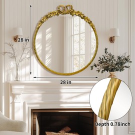 YIDIE Antique Round Mirror, 28''Baroque Style Vintage Mirror Metal Frame Ornate Circle Wall Mirrors for Bathroom, Living Room or Bedroom,Retro Gold
