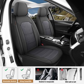 CAROMOP Premium PU Leather&Flannel Car Seat Covers Full Seats,Split Bench Compatible Car Interior Covers, Universal Fit Most Car Sedan Truck SUV(5-Seat Black/Grey)