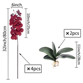 FagusHome 32" Artificial Phalaenopsis Flowers 4 Pcs with 2 Bundles Leaves Artificial Orchid Flowers Stem Plants Fake Butterfly Phalaenopsis Flowers for Home Wedding Party Décor (Red)