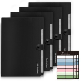 SKYDUE Expanding File Folders with Labels,8 Pockets Accordion File Organizer, Portable Document Paper Organizer, A4 Letter Size Filing Folder for Office, Pack of 4, Black