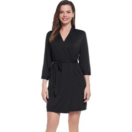 Joyaria Women's Lightweight Sauna Bathrobe Short Sauna Robe Kimono Robe House Coat Sleepwear Bamboo V-Neck 3/4 Sleeves S-XXL, black