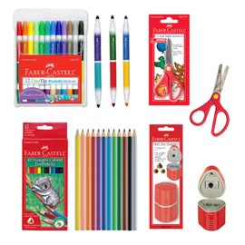 Faber-Castell Back to School Supplies Set - 12 DuoTip Markers, 12 Colored Ecopencils, Child Safe Scissors & Grip Trio Sharpener (Sharpener Color May Vary - Red/Blue)