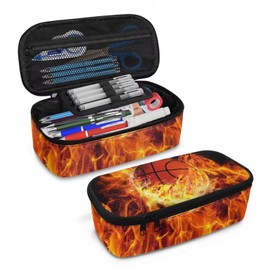 COEQINE Basketball Pencil Case for Boys 8-12 Age Middle School Pencil Organizer with 3D Burning Basketball Fire Ball Pattern Pencil Box with Zipper