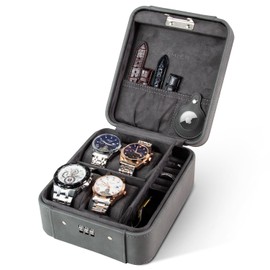 KAMIER Watch Travel Case - 4 Slot Watch Case for Men, Elegant Watch Box with Mechanical Combination Lock and Airtag Holder for Privacy Protection, Watch Storage Organizer