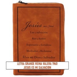 Biblia Reina Valera 1960 Letra Grande, con cierre, indice, foro en senti cuero en color Caramelo tamano manual, Edicion Especial "Jesus es mi Savacion"