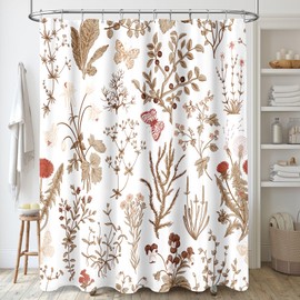 MAYZUS Brown Floral Shower Curtain, Cute Botanical Shower Curtain for Bathroom, Plant Herbs Flower Butterfly Aesthetic Fabric Shower Curtain Set with Hooks 72x72