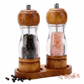 Dzmbv Salt and Pepper Grinder Set Wood and Acrylic - 6.3 Inch Oak Pepper Mill with Visible Window & Storage Tray - Adjustable Coarseness Ceramic Rotor, Manual Spice Grinders for Kitchen Table