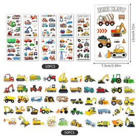 10 Sheets Luminous Tattoos Where Stickers Vehicles, Pack of 50 Construction Vehicles Truck Car Tractor Stickers, Tattoo Children's Vehicles, Vehicle Tattoo Children Boys, for Children's Birthday Party