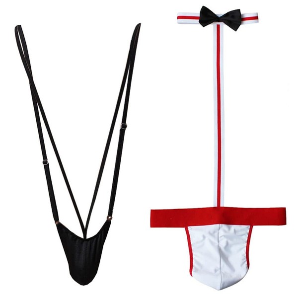 VemeFufu Sexy Men's String Borat Mankini Swimsuit Outfit for Men One Size, Pack of 2 (B. black + C.red)