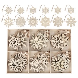 ilauke 36PCS Christmas Wooden Ornaments, Wooden Snowflake Embellishments Christmas Tree Hanging Ornaments Wood Snowflake for DIY Crafting Christmas Party and Home Decor