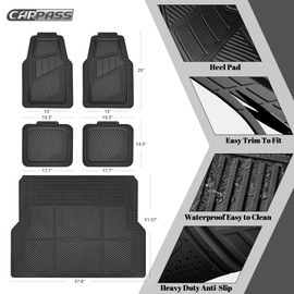 CAR PASS Heavy Duty Rubber Floor Mats Gray Car Mats Full Set with Trunk Cargo Liner - Universal Waterproof Floor Mats for Car SUV Truck, Durable All Weather Automotive Liner Mats (All Black)