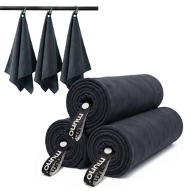 muno+ Toallas de Microfibra para Gym 65×39 cm con Lazo para Colgar – Set 3 Piezas Negras– Secado rápido, Ligeras y compactas – Ideales para Gimnasio, 