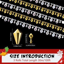 Geetery 100 Feet 3 Rolls Christmas Tree Crystal Beads Garland, Diamond Crystal String Shimmer Bead Garland for Xmas Wedding Party Decoration Crafting (Gold Iridescent Mix)