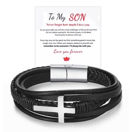 Stocking Stuffers Holiday Outfits for Women 2024 To My Son Bracelet from Mom Leather Bracelet for Men Leather Wrap Bracelet Black Beaded Bracelet Birthday Christmas Gift for Son/Grandson/Dad/Husband/Brother/Boyfriend