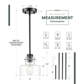 METWET Matte Black Pendant Lights Kitchen Island, 6" Pendant Light Fixtures Over Island with Clear Glass Shade, Modern Kitchen Island Lighting for Dining Room Entryway, PL124-MB-G-1PK
