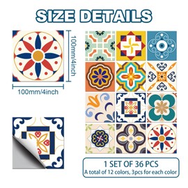 CHGCRAFT 36pcs 12 Styles Spanish Mediterranean Style Pattern Tile Stickers Waterproof Tile Stickers Square with Flower Pattern for Kitchen Bedroom Wall Fireplace Floor Decoration, 3.9×3.9inch